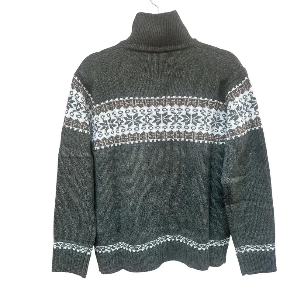 Mens Fair Isle Snowflake Zip Up Sweater Jacket Green‎ Tan White Size M Winter